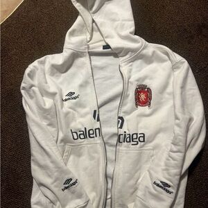 Balenciaga White Zip-Up Hoodie with Crest